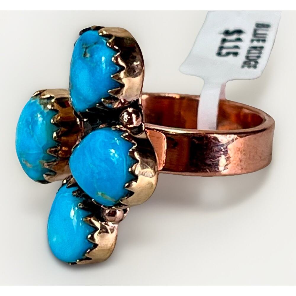 Southwestern Kingman Turquoise Copper Adjustable Bypass 4 Stone Cluster Ring - Picture 4 of 15